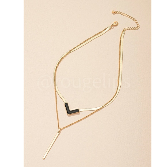 Layered Charm Gold Tone Chain Necklace Zinc Alloy Black V charm, Geometric - Picture 2 of 5